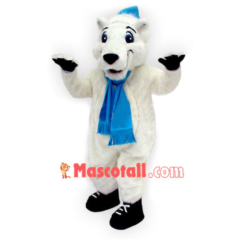 White Hairy Bear Wearing Scarf Mascot Costume