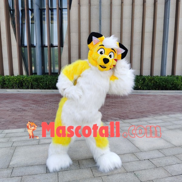 Yellow & White Long Fur Fox Dog Mascot Costume