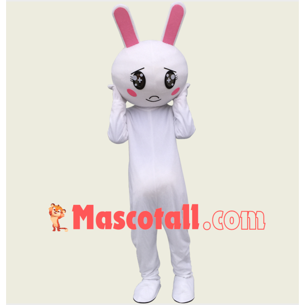 Star-eyed Crying White Bunny Mascot Costume