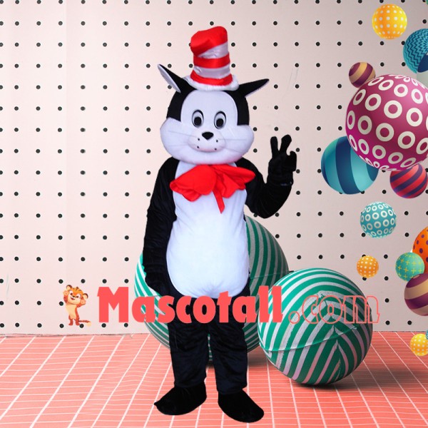 Black & White Cat Wearing Magic Hat Mascot Costume