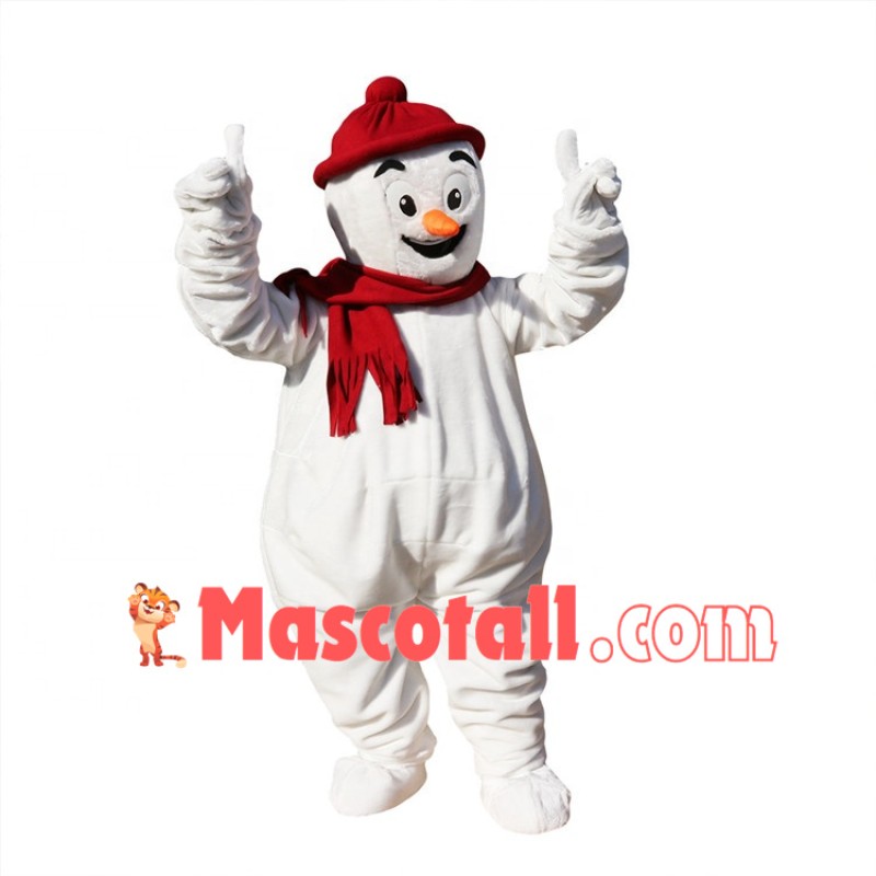 Jolly Snowman Wearing Red Knitted Hat Mascot Costume