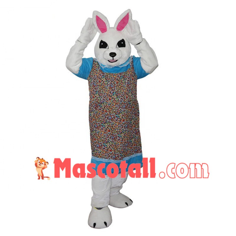 Mother White Rabbit Wearing Floral Apron Mascot Costume