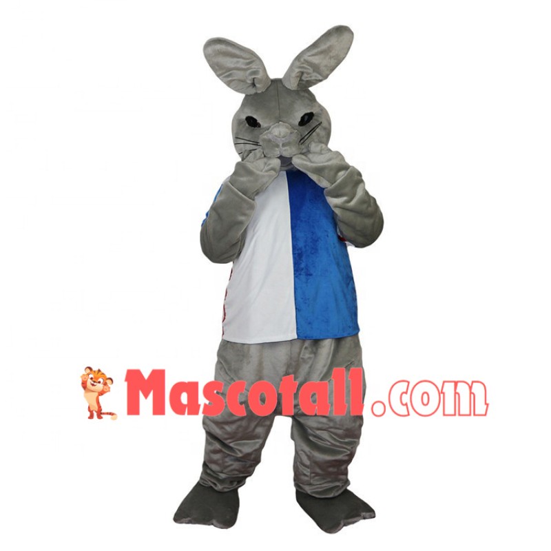 Grey Squinted Rabbit Biting Finger Mascot Costume