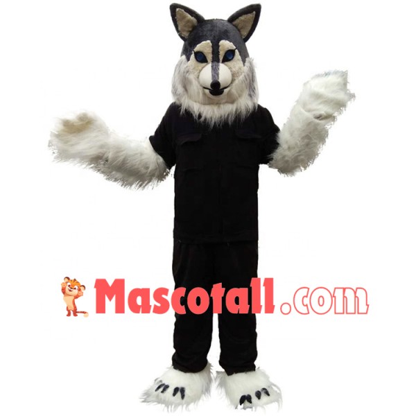 Long Wool Wolf In Black Suit Mascot Costume