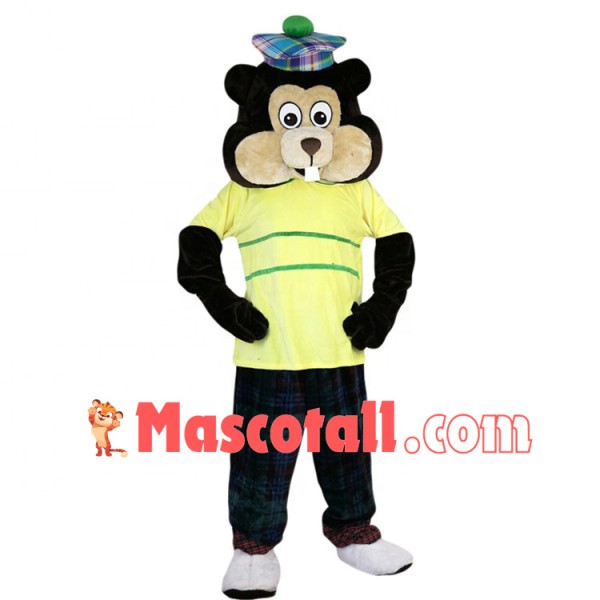 Squirrel Wearing Colorful Checkered Hat Mascot Costume