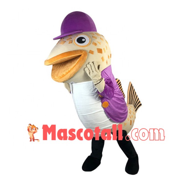 Walking Catfish In Purple Coat Mascot Costume