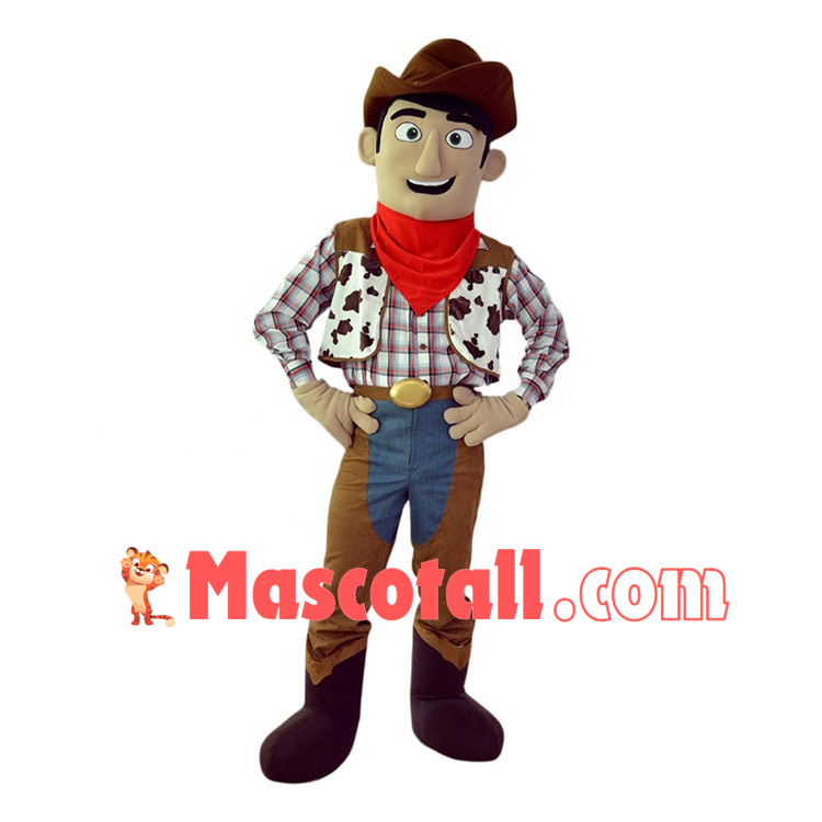 Enthusiastic Cowboy In Red Scarf Mascot Costume