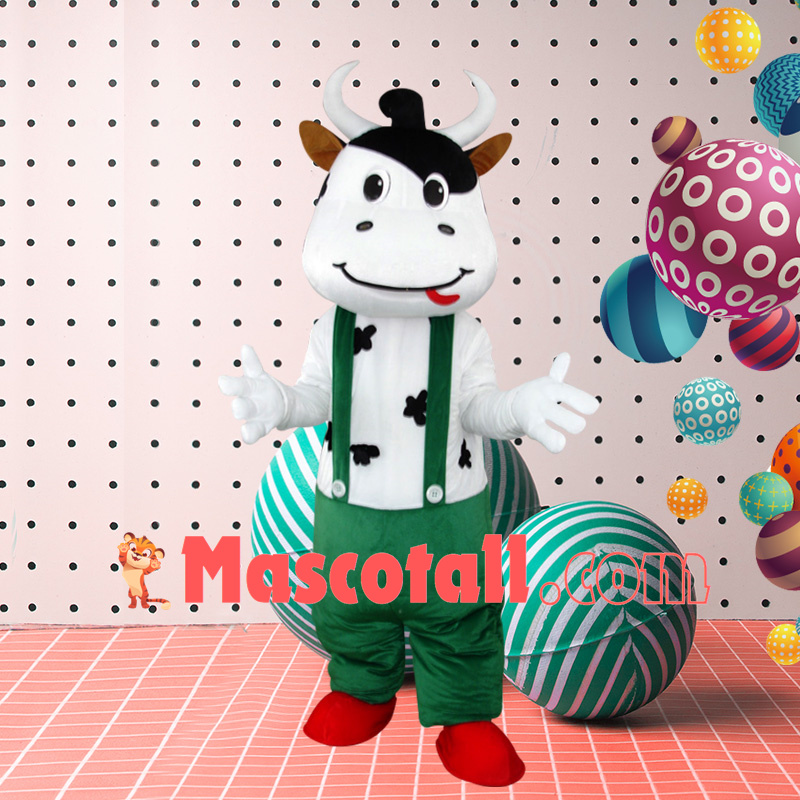 Lively Cartoon Cow In Suspenders Mascot Costume
