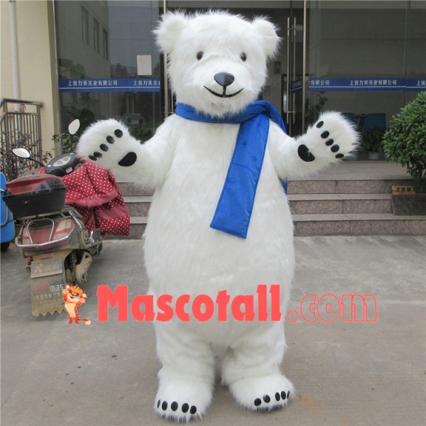 Docile Furry Polar Bear With Bright Scarf Mascot Costume