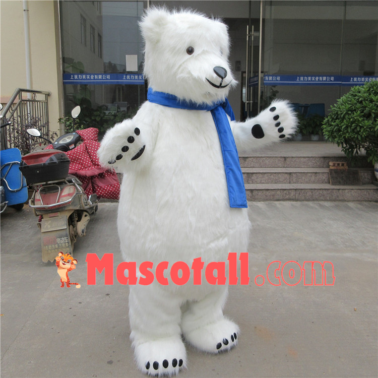 Docile Furry Polar Bear With Bright Scarf Mascot Costume