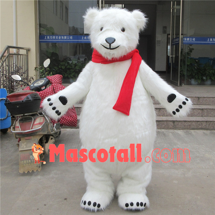 Docile Furry Polar Bear With Bright Scarf Mascot Costume