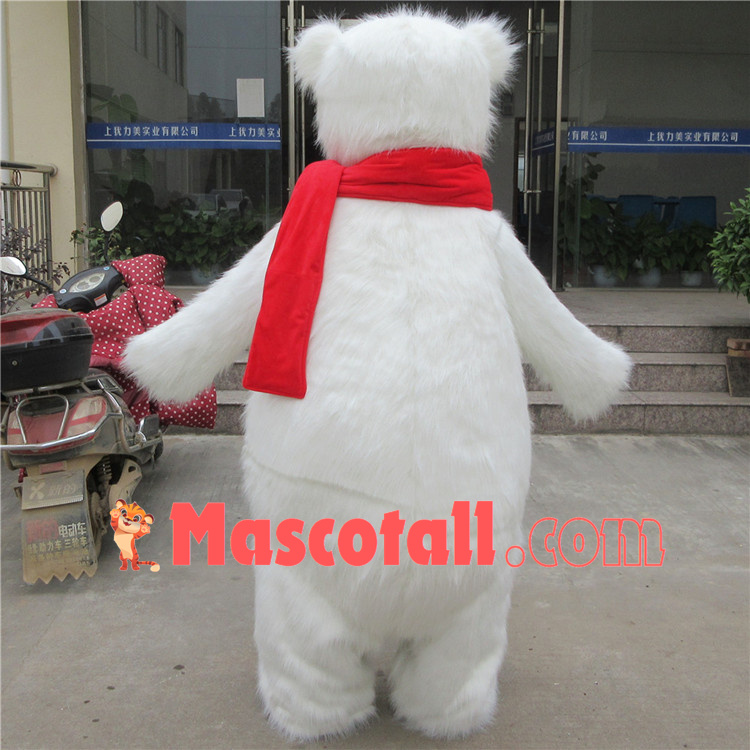 Docile Furry Polar Bear With Bright Scarf Mascot Costume