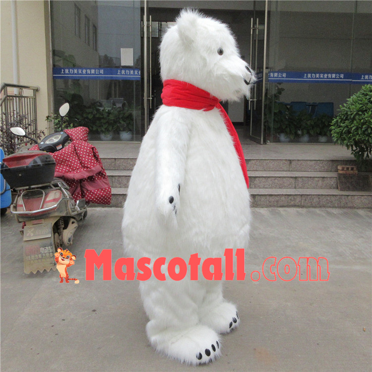 Docile Furry Polar Bear With Bright Scarf Mascot Costume