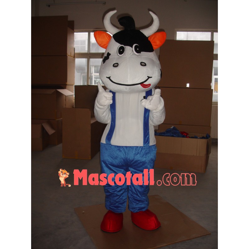 Active Cow Wearing Blue Pants Mascot Costume