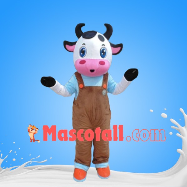 Cute Baby Cow Wearing Overalls Mascot Costume