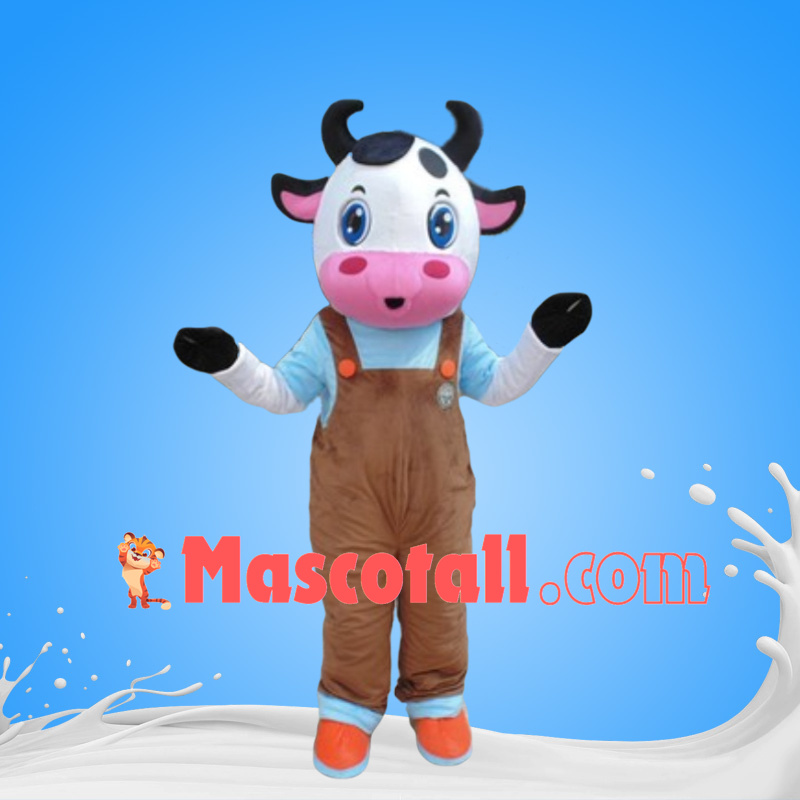Cute Baby Cow Wearing Overalls Mascot Costume
