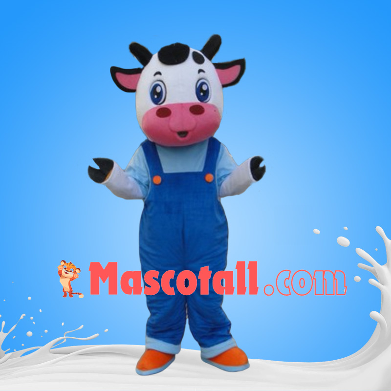 Cute Baby Cow Wearing Overalls Mascot Costume