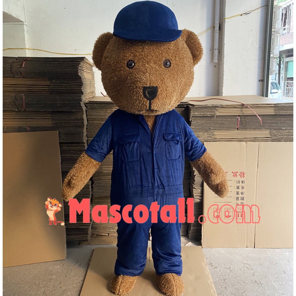 Plush Brown Bear In The Tooling Jumpsuit Mascot Costume