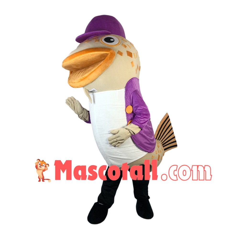 Big Mouth Catfish In Purple Coat Mascot Costume