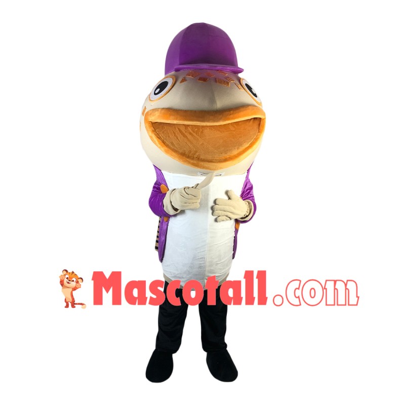 Big Mouth Catfish In Purple Coat Mascot Costume