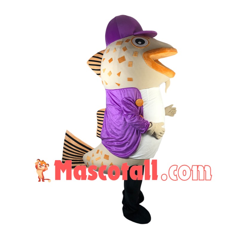 Big Mouth Catfish In Purple Coat Mascot Costume