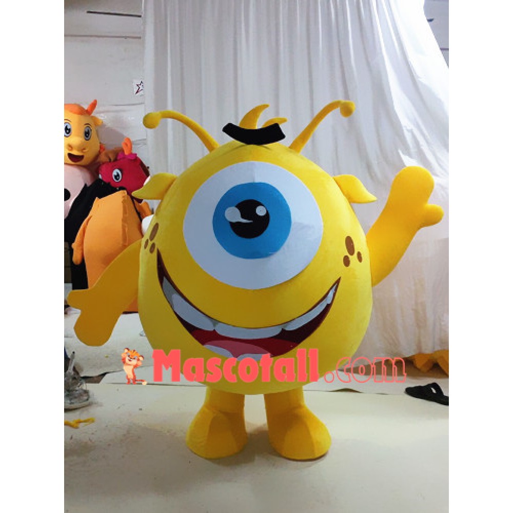 Yellow Big Eyed Monster With Long Tentacles Cartoon Mascot Costume