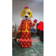 Lucky Yellow Dog In The New Years Traditional Suit Mascot Costume