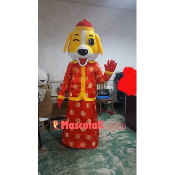 Lucky Yellow Dog In The New Years Traditional Suit Mascot Costume