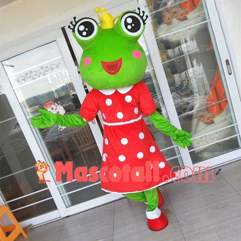 Pretty Cartoon Princess Frog In The Polka Dot Dress Mascot Costume
