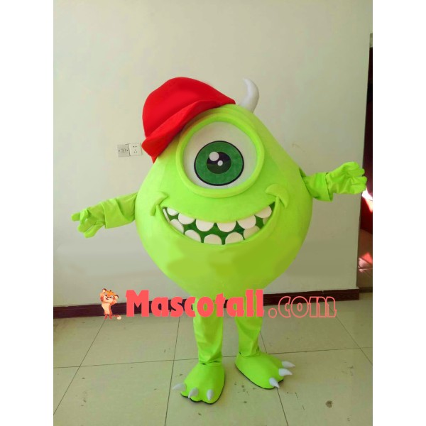 Bright Green One Eyed Monster Wearing Cap Cartoon Mascot Costume