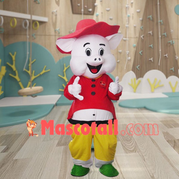 Cartoon Red Happy Pig With Short Shirt Mascot Costume