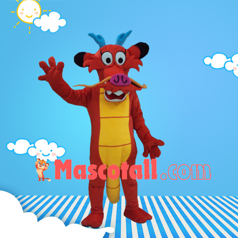 Detailed Bearded Red Auspicious Dragon Adult Mascot Costume