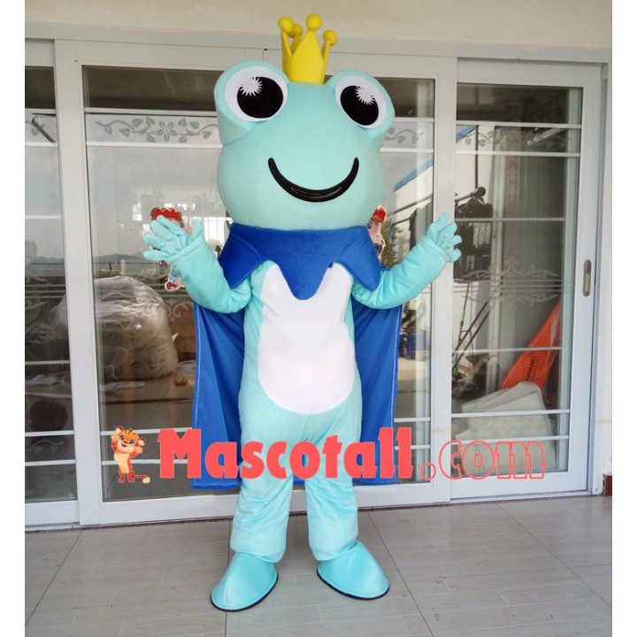 Confident The Sky Blue Prince Frog Cartoon Mascot Costume