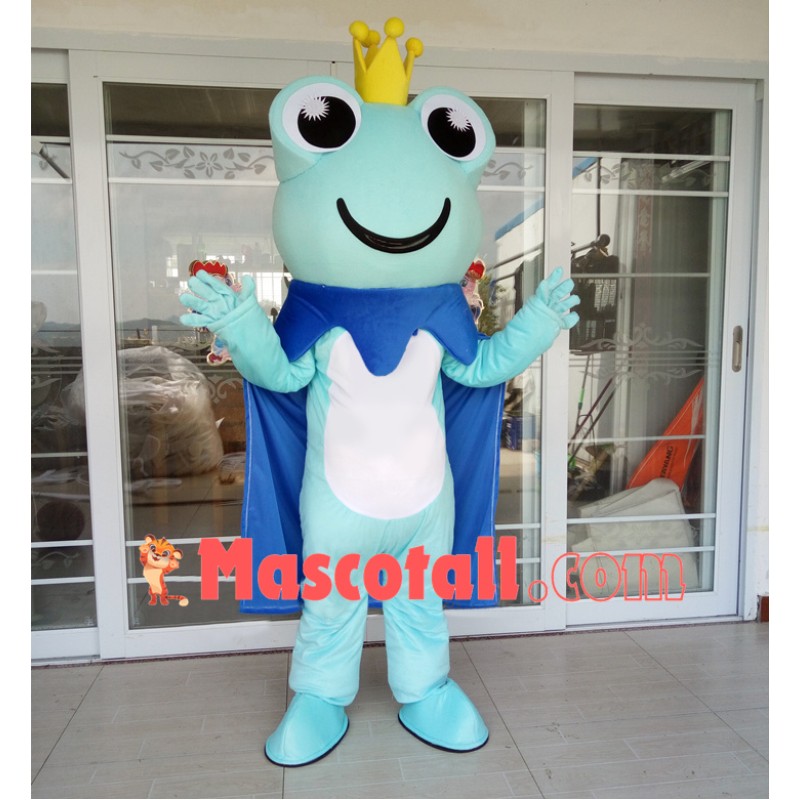 Confident The Sky Blue Prince Frog Cartoon Mascot Costume