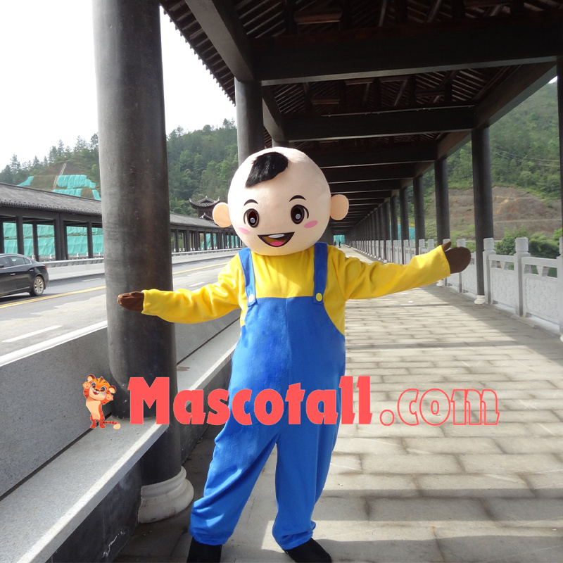 Playful Baby Boy Wearing Blue Rompers Mascot Costume