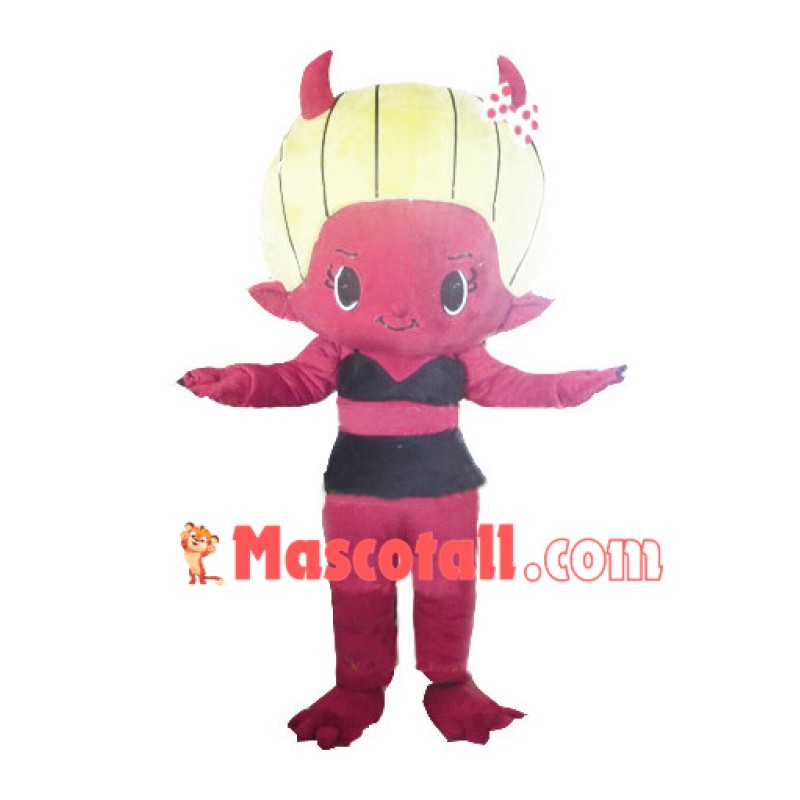 Little Red Devil With Blond Hair Mascot Costume