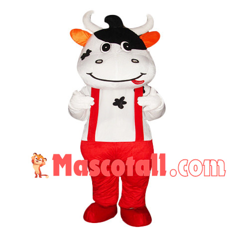 Cow With Red Overalls Mascot Costume