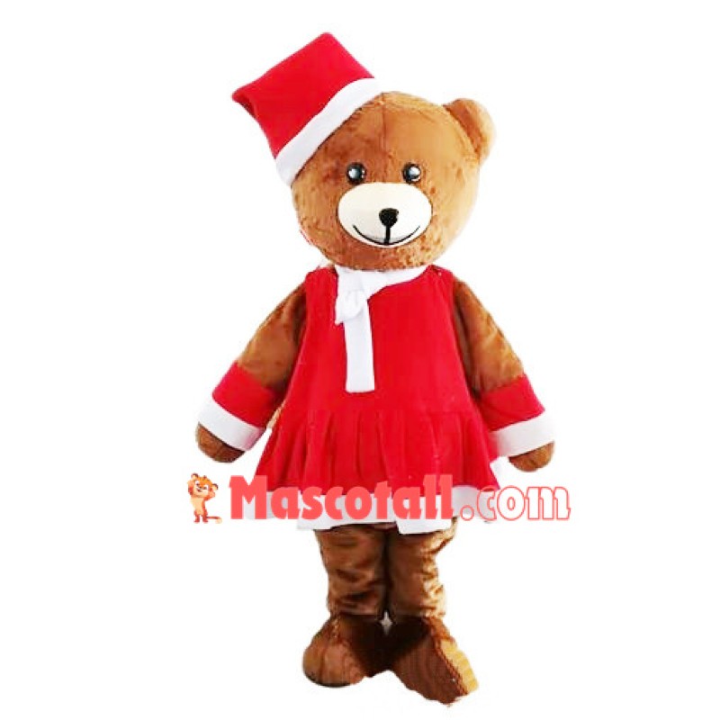 Brown Bear In The Christmas Dress Mascot Costume