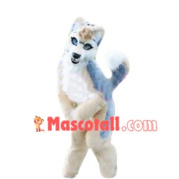 Smirking Furry Blue & White Wolf Mascot Costume