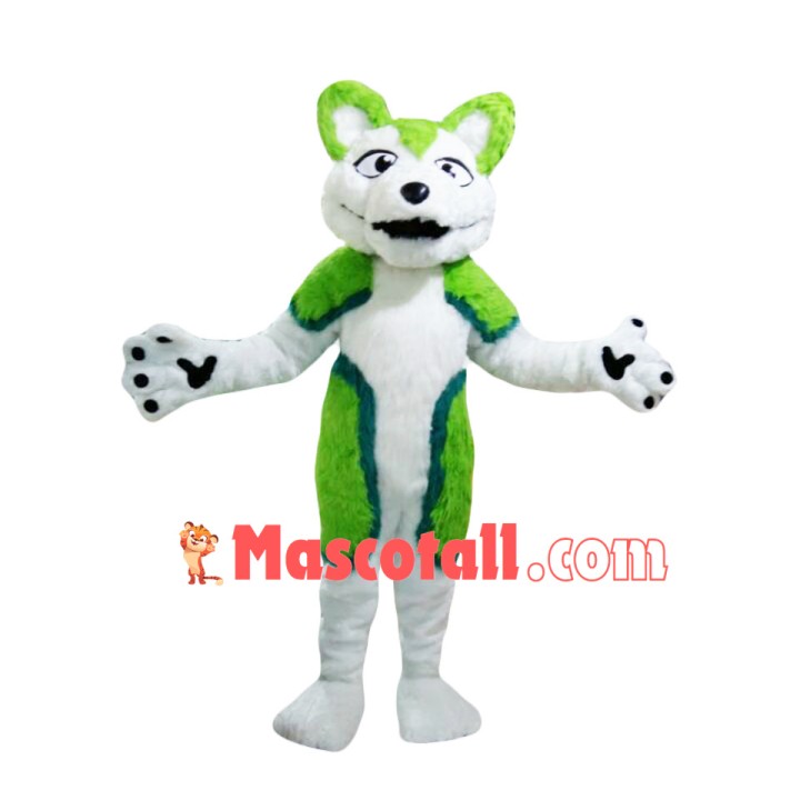 Green & White Adult Wolf Mascot Costume