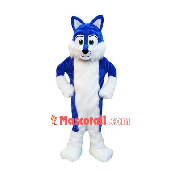 Blue & White Furry Wolf Mascot Costume