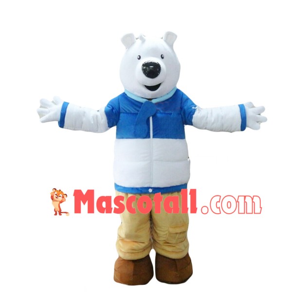 Polar Bear Wearing Down Jacket Mascot Costume