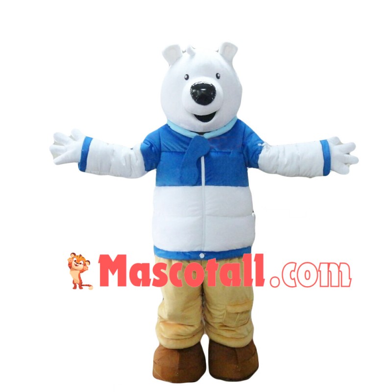 Polar Bear Wearing Down Jacket Mascot Costume