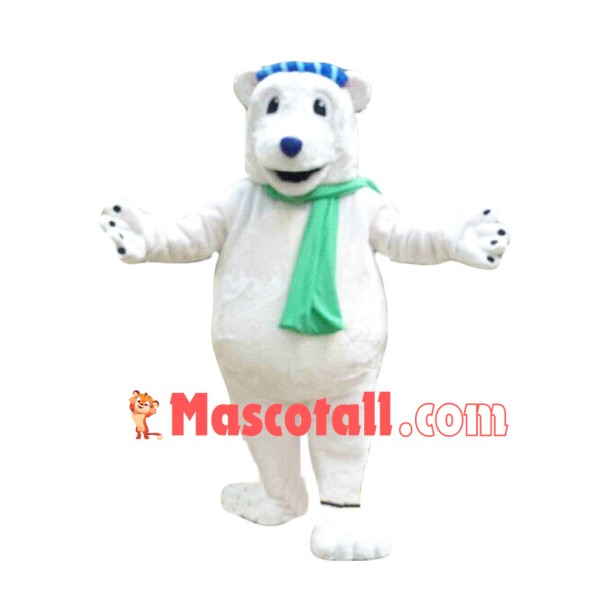 Polar Bear Mascot Costume With Green Scarf