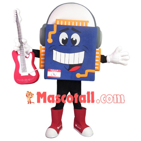 Blue Speaker Holding Guitar Mascot Costume