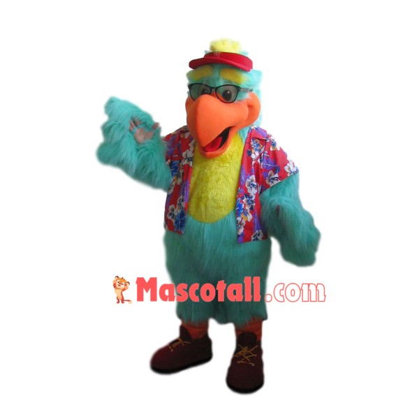 Blue Hairy Parrot In Flower Blouse Mascot Costume