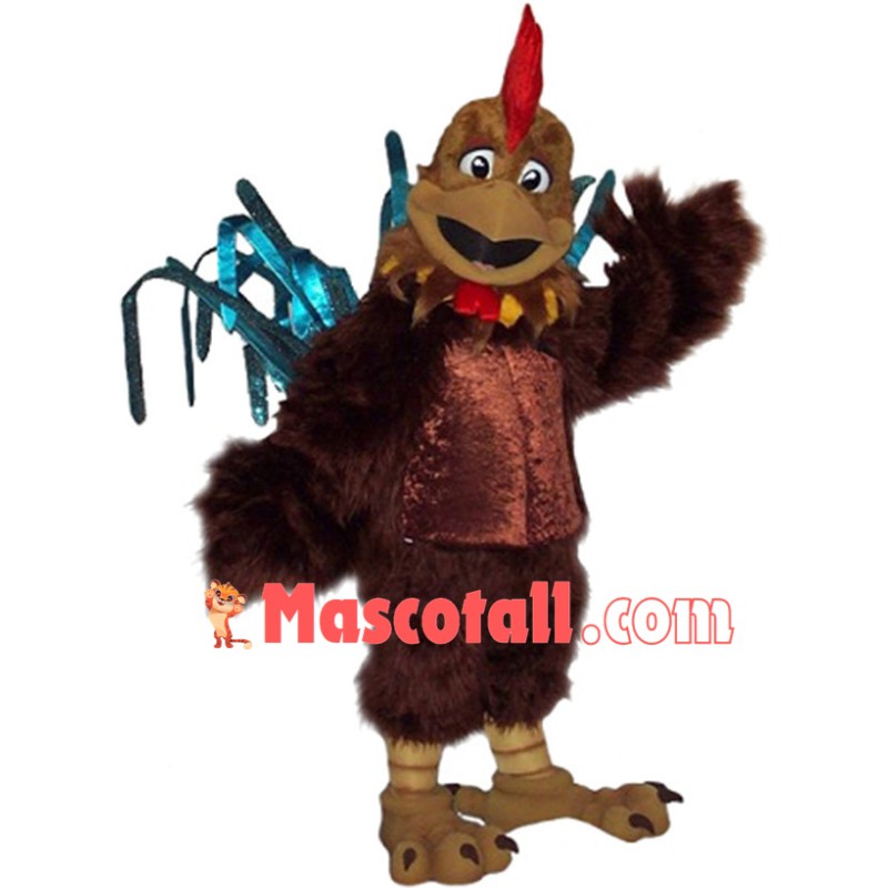 Brown Long Wool Chicken With Bright Tail Mascot Costume
