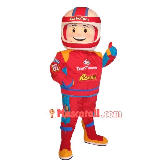 Great Racer In The Red Racing Suit Mascot Costume