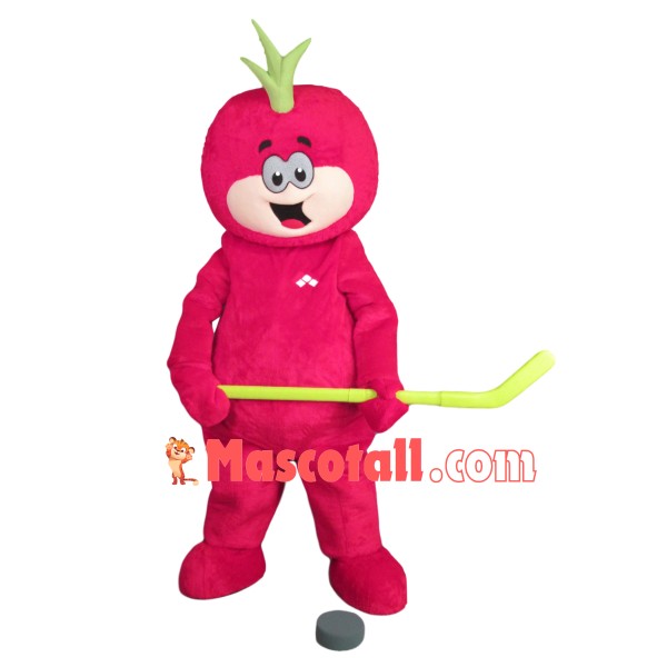 Cute Tomato Doll Mascot Costume Playing Hockey