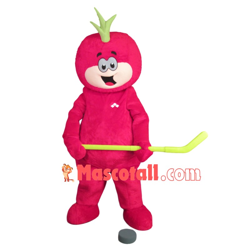 Cute Tomato Doll Mascot Costume Playing Hockey